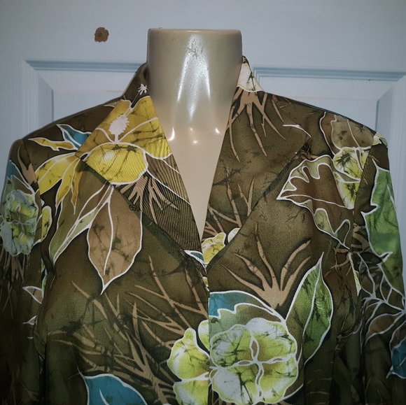 PECK & PECK OLIVE GREEN FLORAL OPEN JACKET SZ 14 - Picture 2 of 6